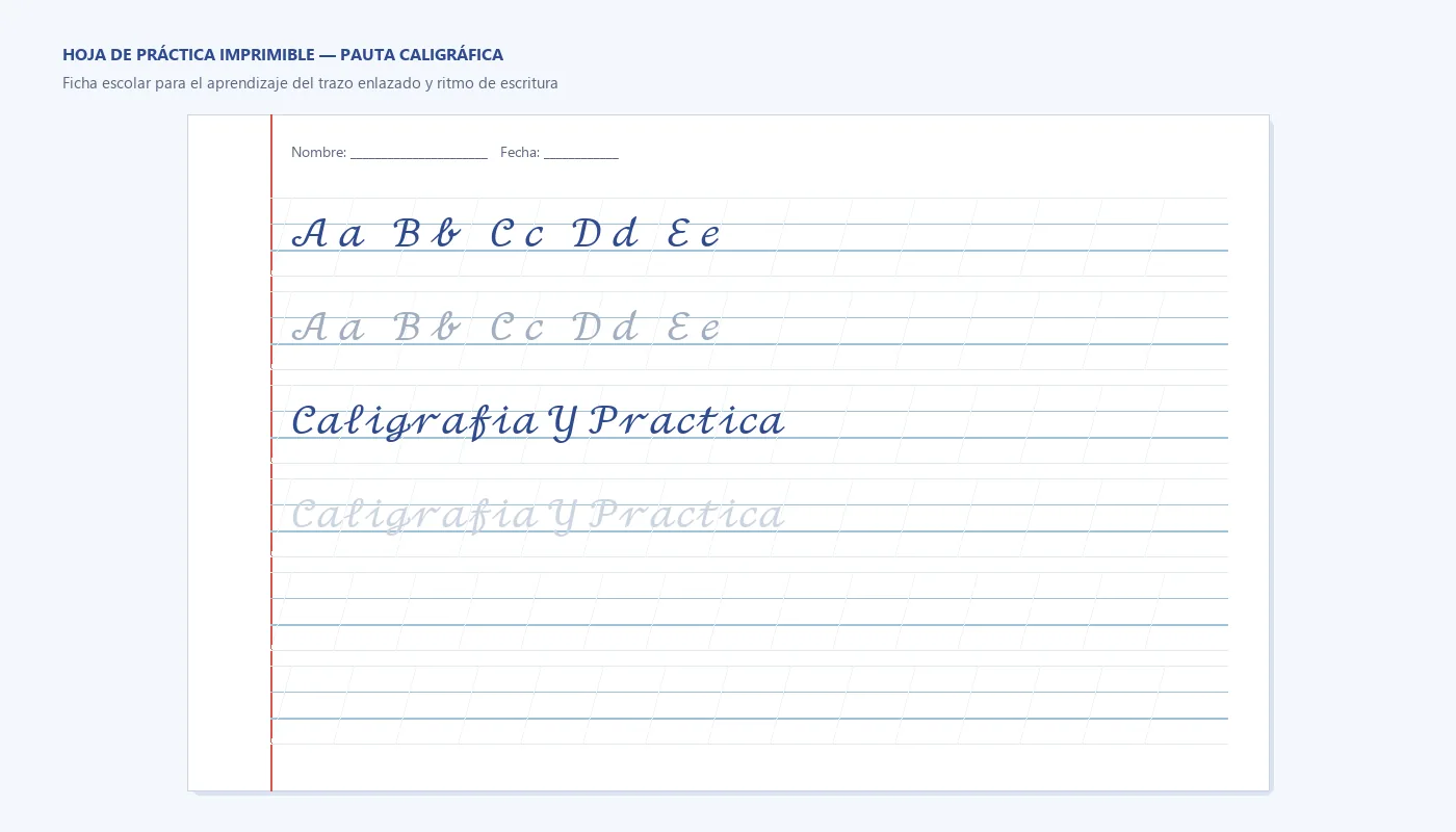 Vista previa de una hoja imprimible para practicar letras cursivas