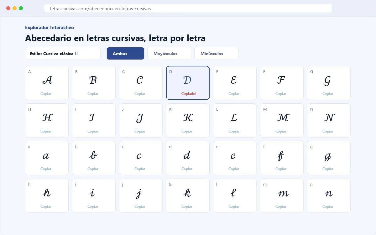 Explorador del abecedario en letras cursivas con letras y opciones para copiar