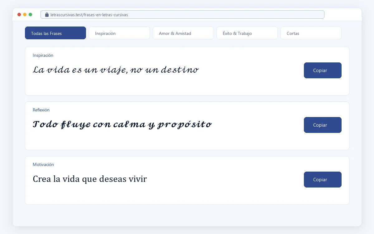 Decorador de frases en letras cursivas con estilos y opciones de copia