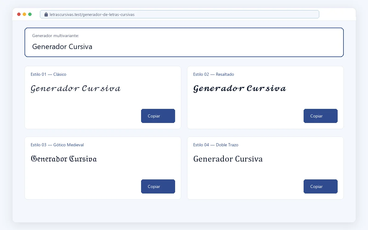 Generador de letras cursivas mostrando varias variantes creadas a partir de un mismo texto