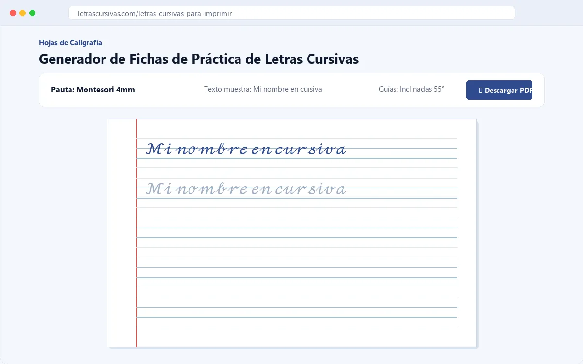 Generador de hojas de práctica de letras cursivas con opciones para imprimir