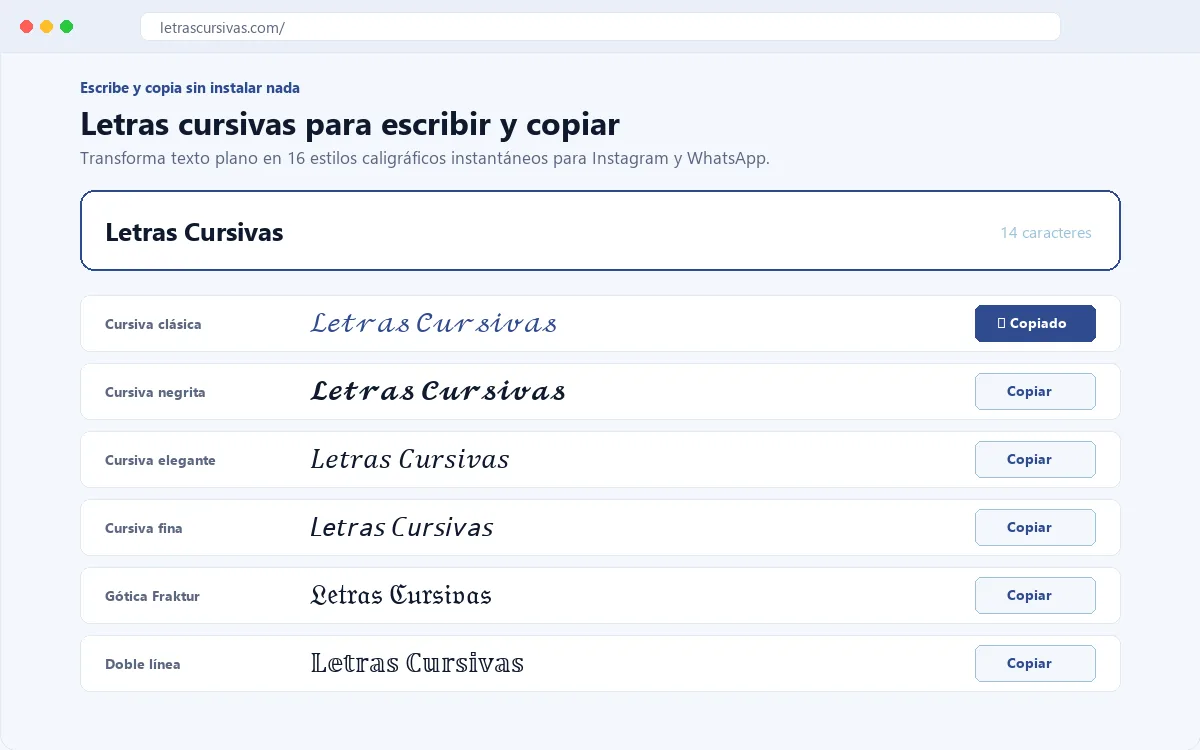 Generador de letras cursivas mostrando texto original y varios resultados para copiar