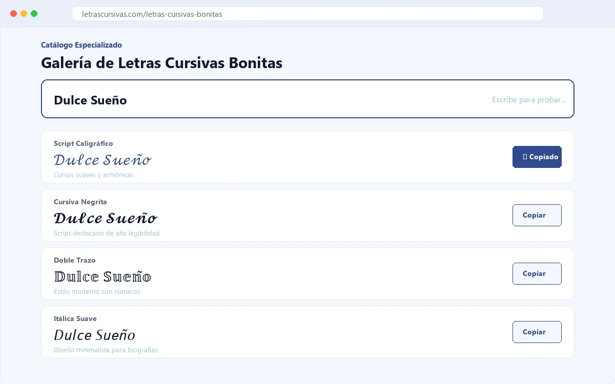 Galería de estilos de letras cursivas bonitas con opciones para copiar