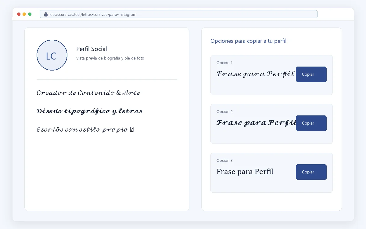 Vista previa de letras cursivas para un perfil social con texto listo para copiar