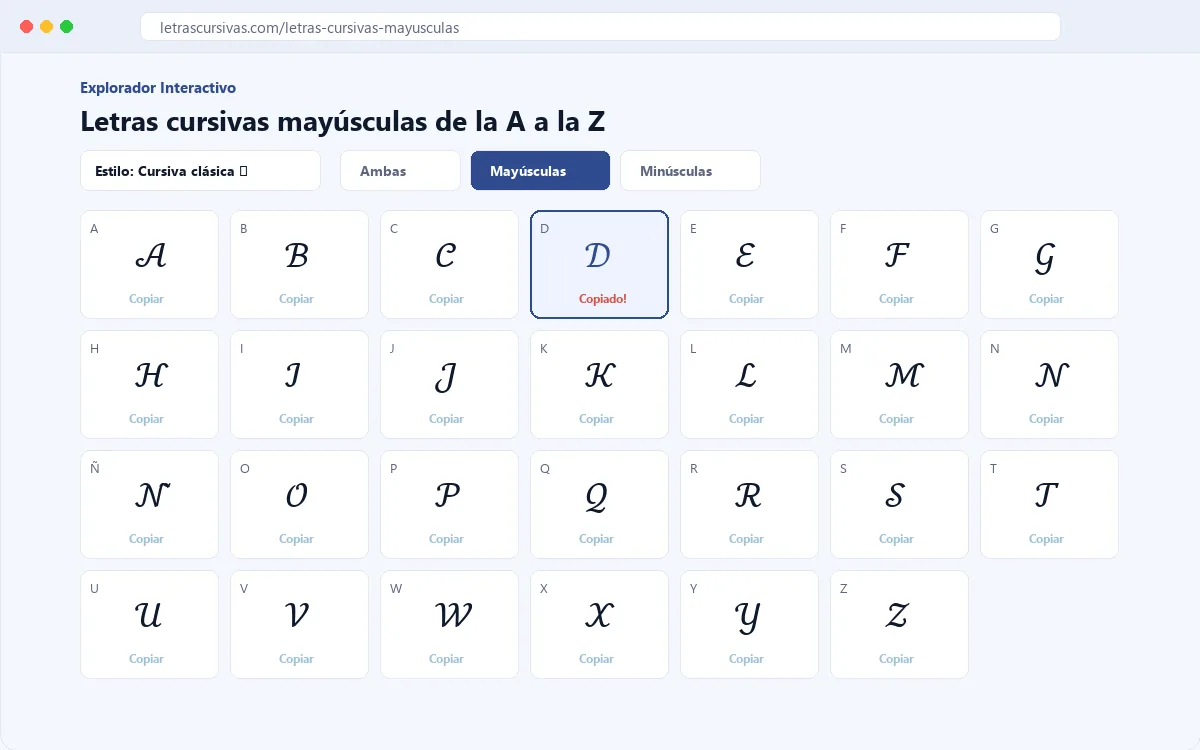 Explorador de letras cursivas mayúsculas con ejemplos reales de la A a la Z