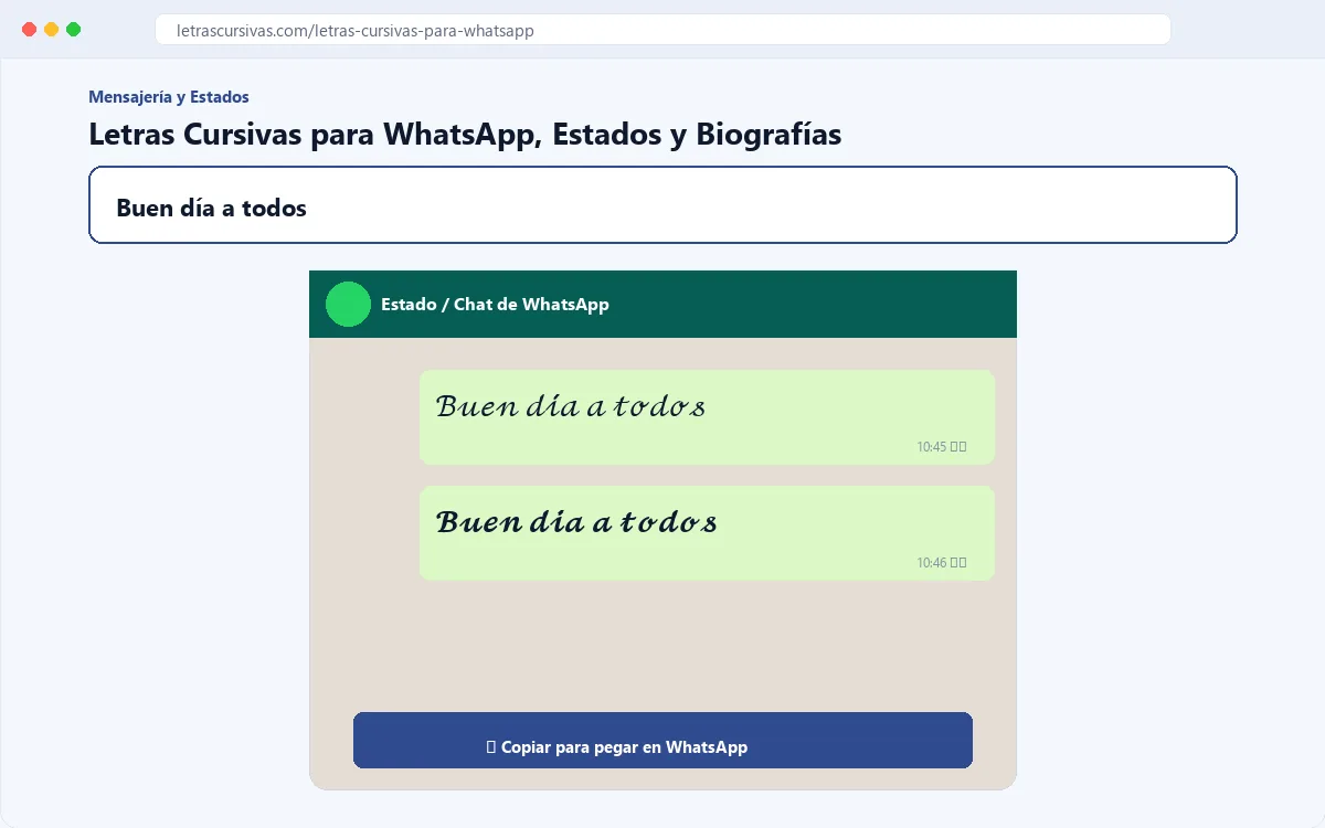 Vista previa de letras cursivas para mensajes con opciones para copiar