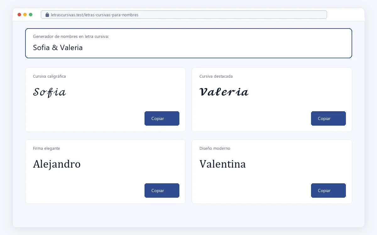 Generador de nombres en letras cursivas mostrando varios estilos para copiar